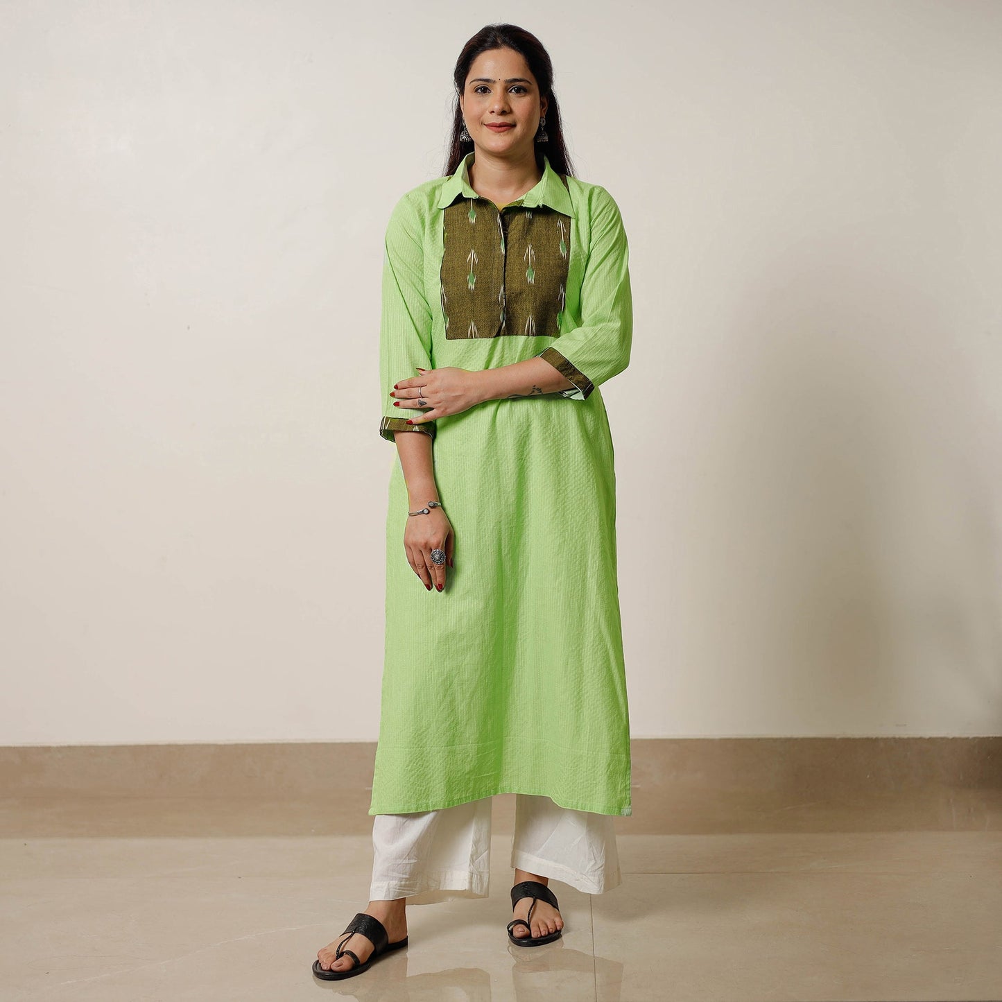 Buy Running Stitch Cotton Straight Kurta with Ikat Patchwork 02 Online at iTokri.com