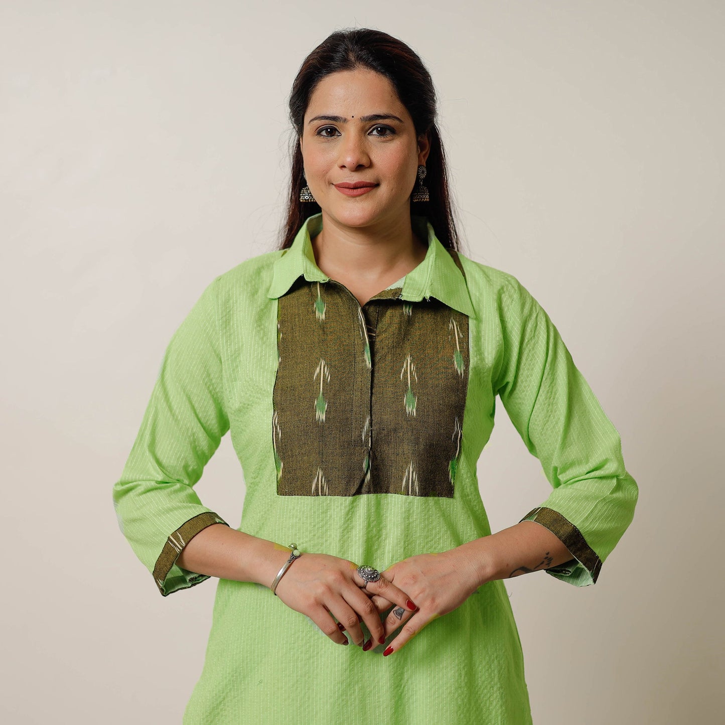 Buy Running Stitch Cotton Straight Kurta with Ikat Patchwork 02 Online at iTokri.com