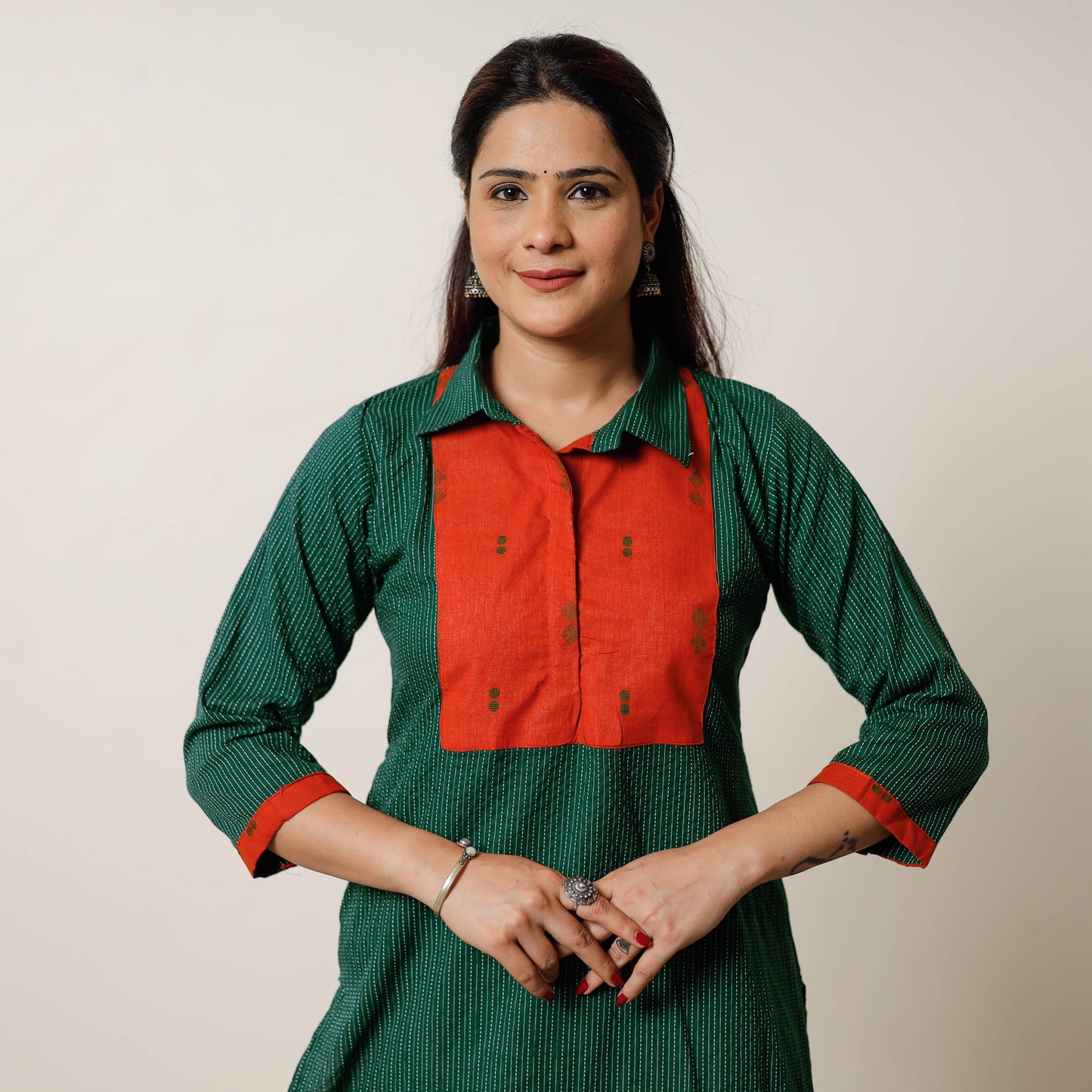 Running Stitch Cotton Straight Kurta with Jacquard Patchwork 04
