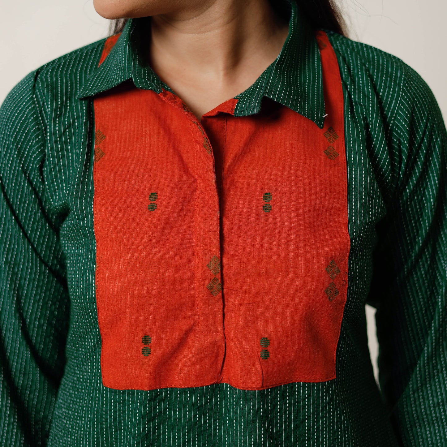Running Stitch Cotton Straight Kurta with Jacquard Patchwork 04