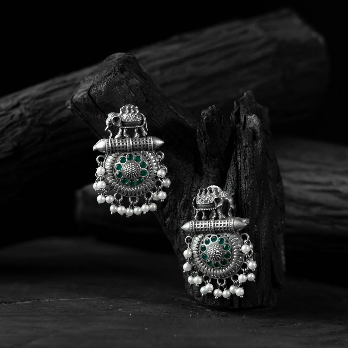Green - saanjh bela elephant motif oxidised earrings