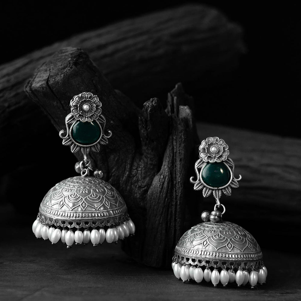 Green - saanjh bela flower & leaves oxidised jhumka