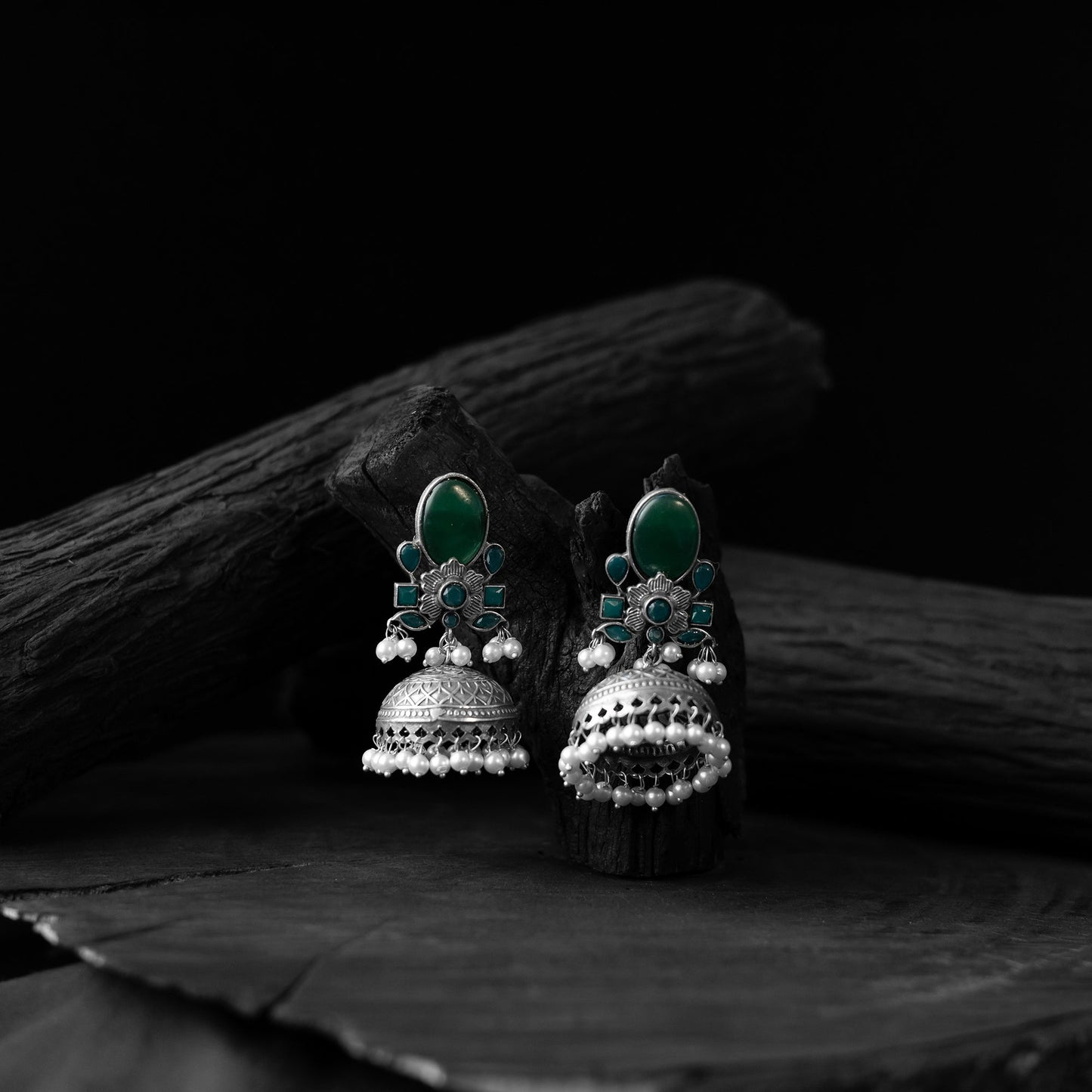 Green - saanjh bela stone oxidised jhumka earrings