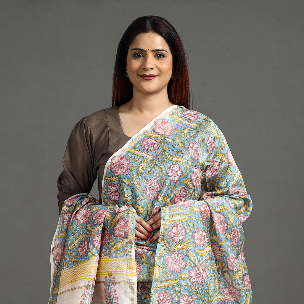 Sanganeri Block Printed Chanderi Silk Zari Border Dupatta 75