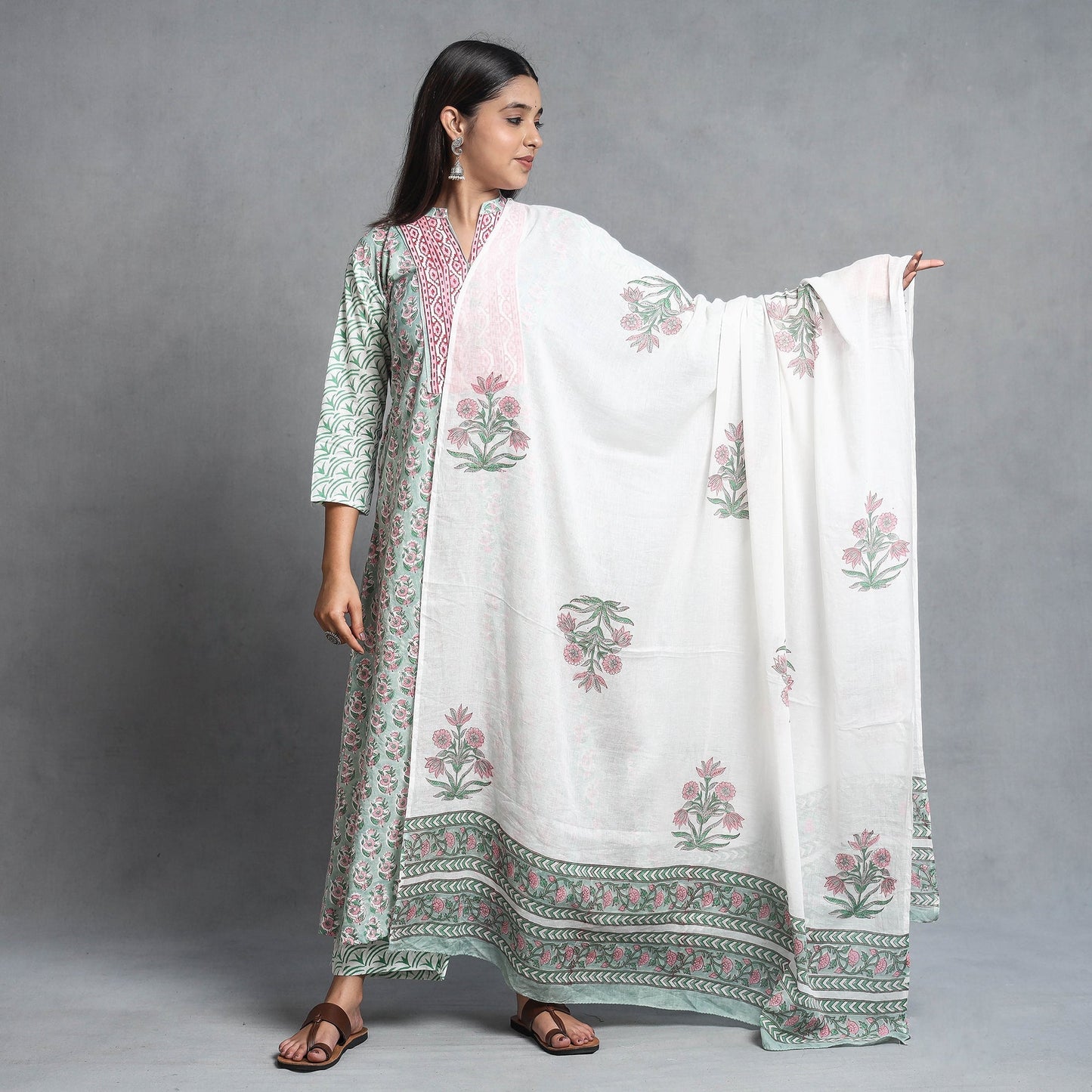 Green - Sanganeri Block Printed Cotton Kurta with Palazzo & Dupatta Set