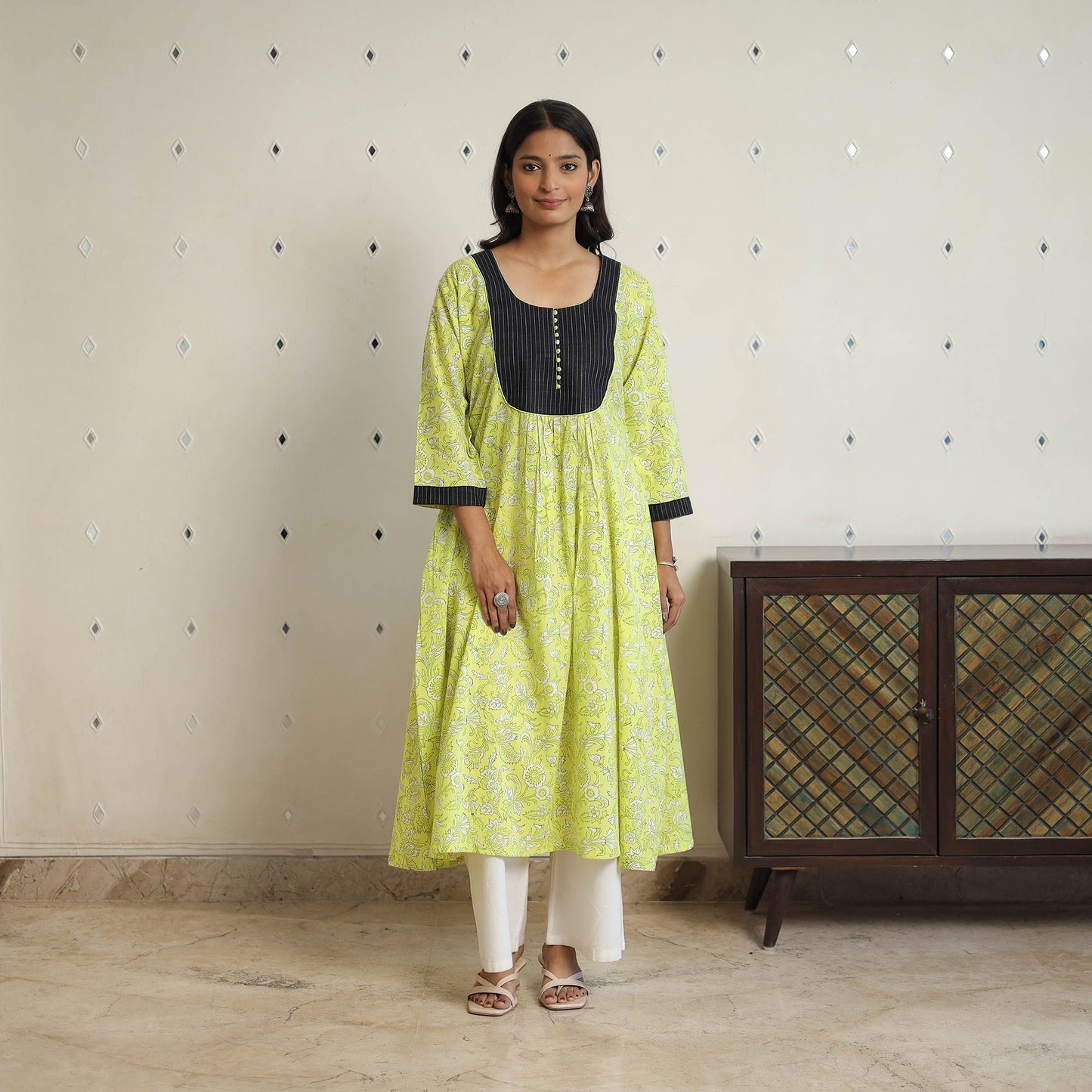 Buy Green Sanganeri Block Printed Cotton A-Line Kurta Online