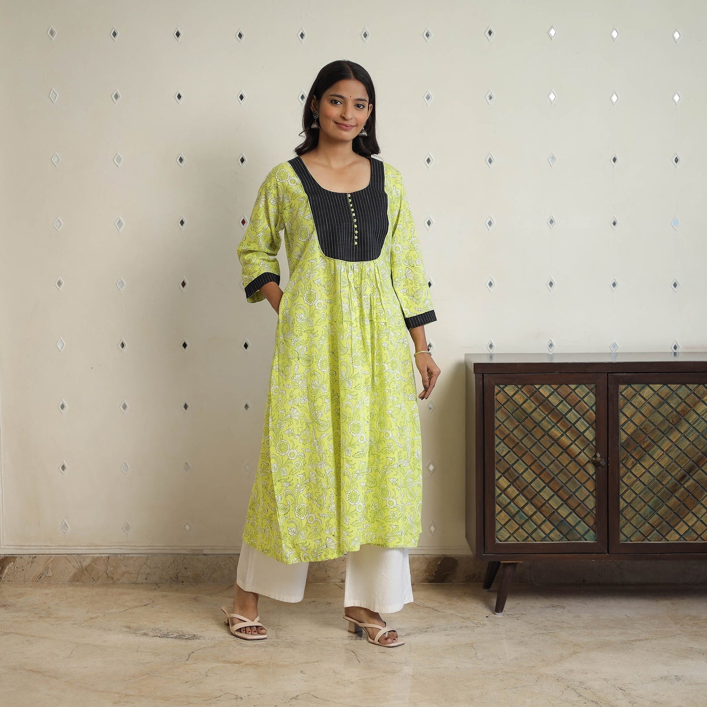 Buy Green Sanganeri Block Printed Cotton A-Line Kurta Online