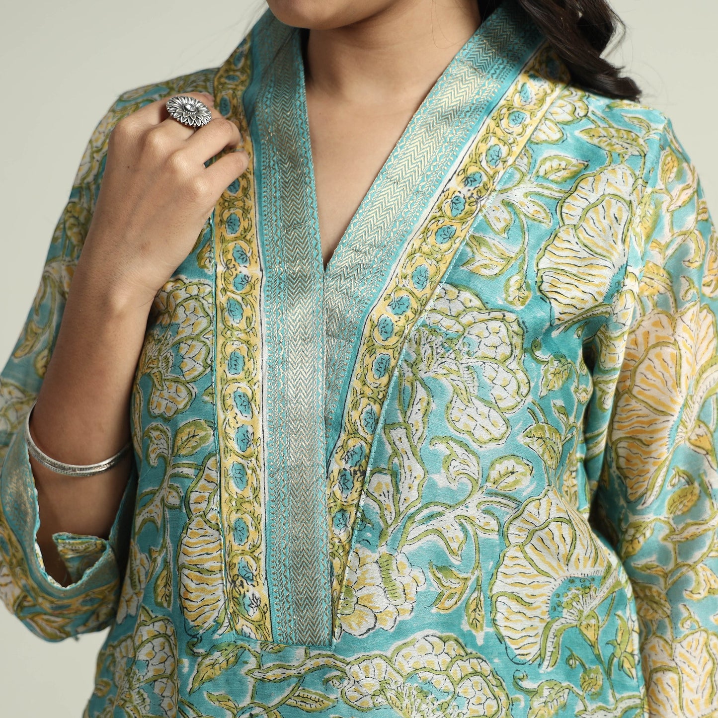 Sanganeri Block Printed Maheshwari Silk Kurta with Palazzo & Dupatta Set