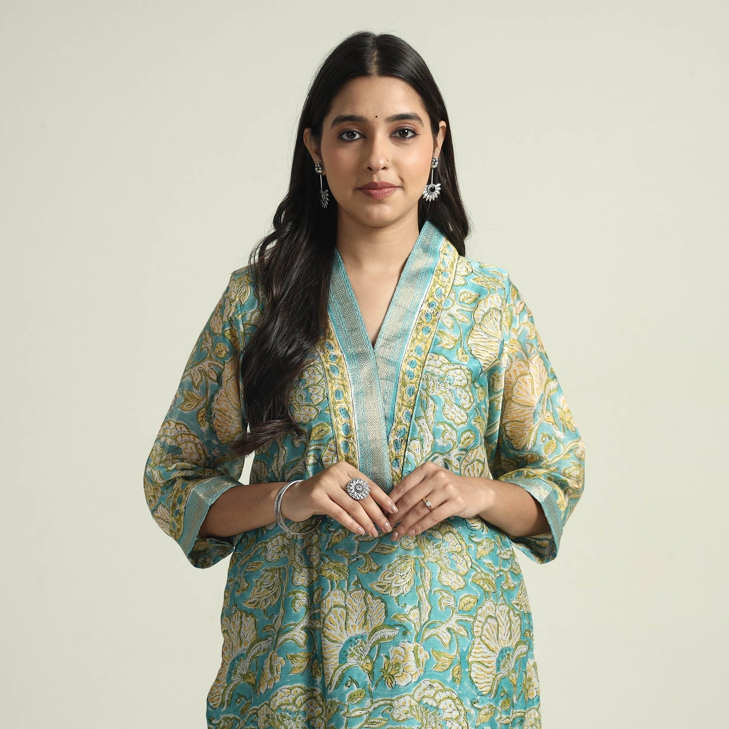 Sanganeri Block Printed Maheshwari Silk Kurta with Palazzo & Dupatta Set