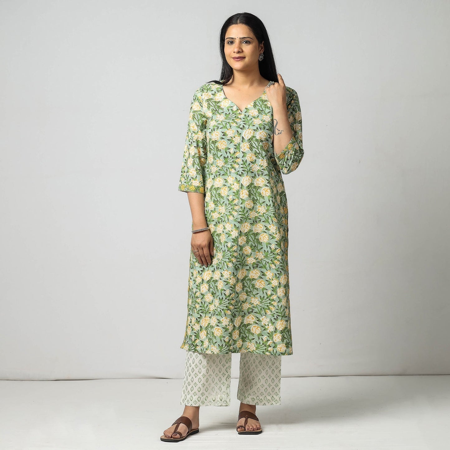 Green - sanganeri printing cotton kurta with palazzo &