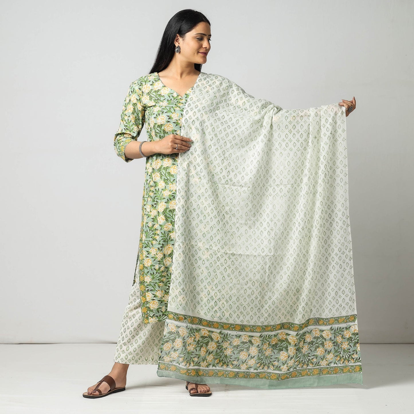Green - sanganeri printing cotton kurta with palazzo &
