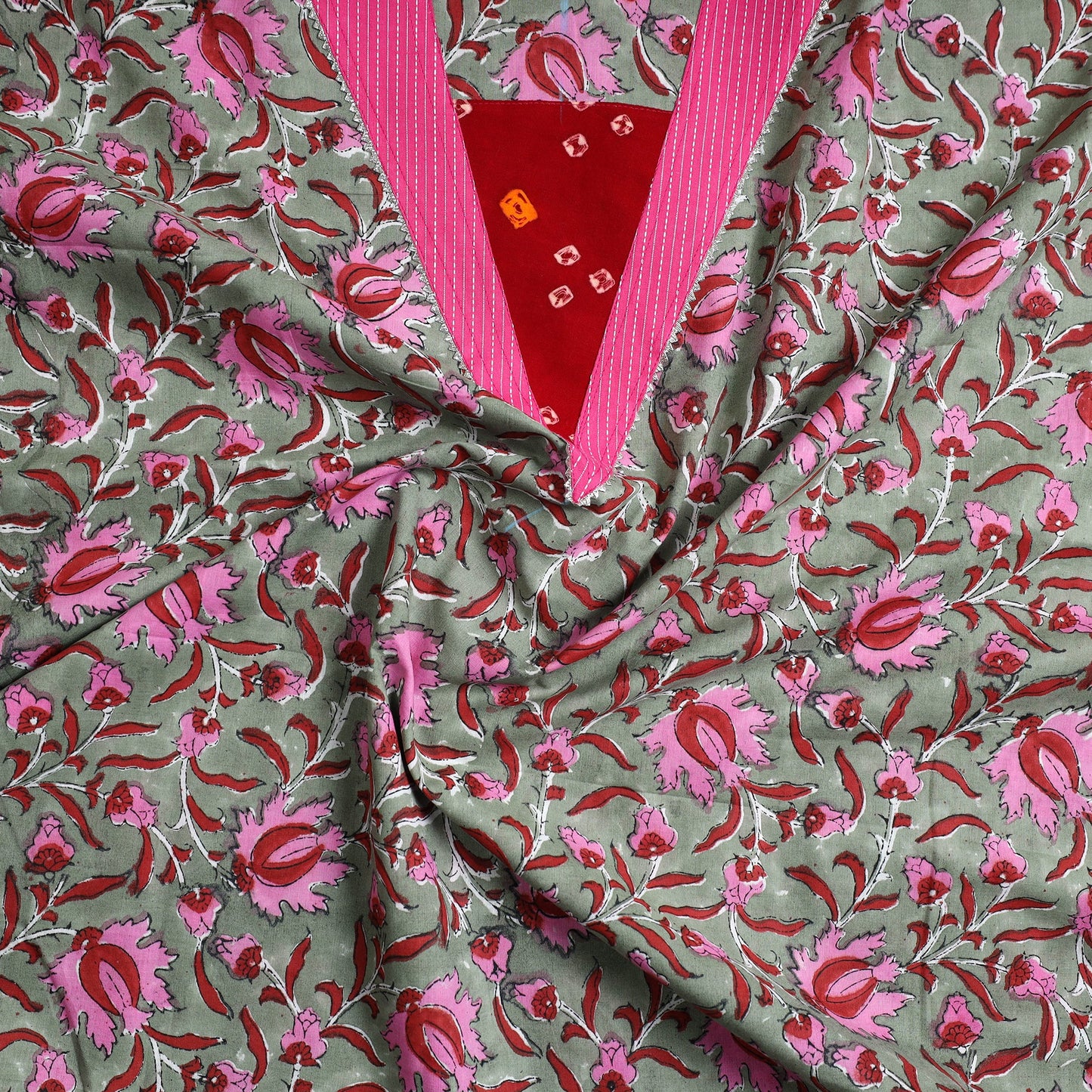 Green - sanganeri cotton patchwork unstitched kurta