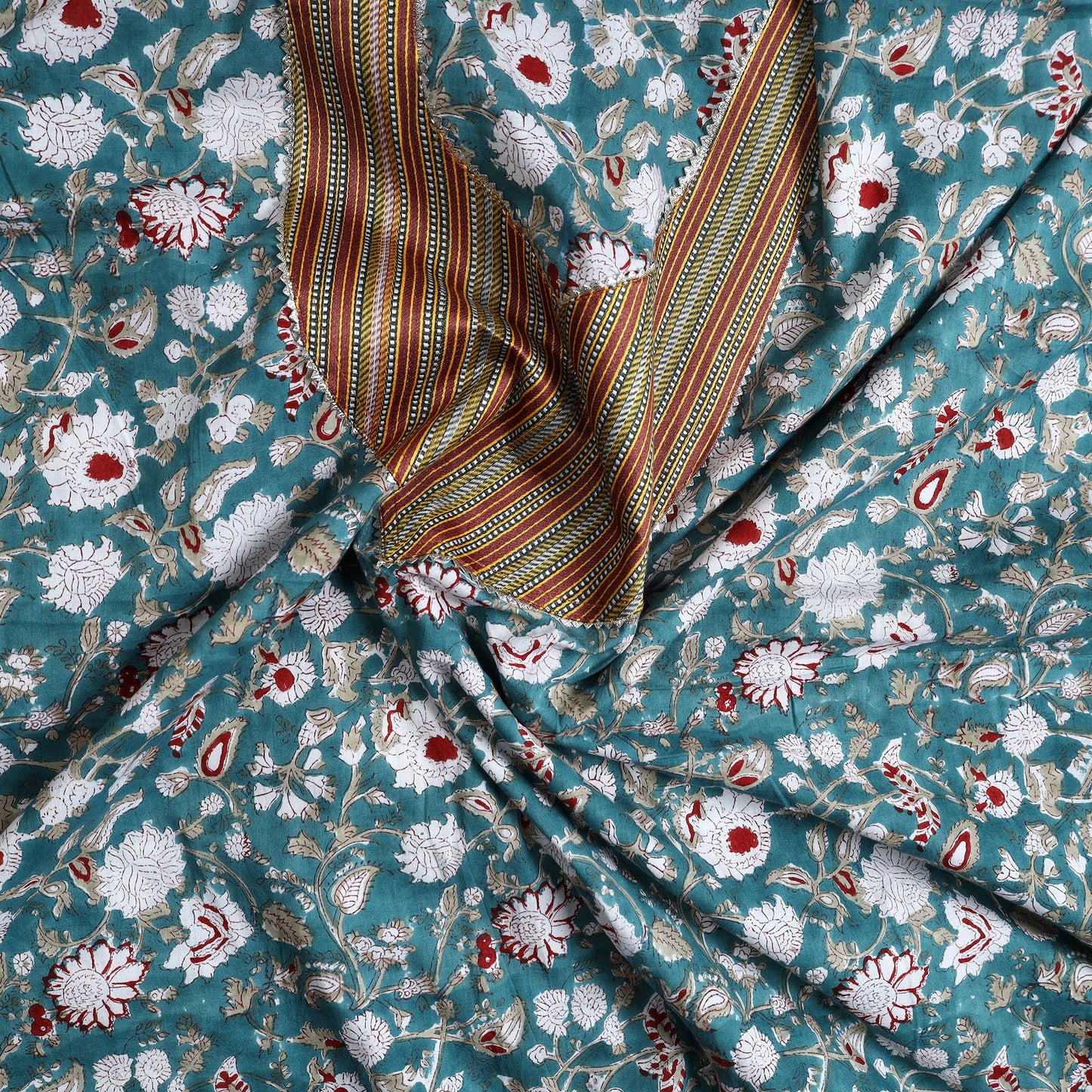 Green Sanganeri Print Cotton Patchwork Kurta Material (3m)