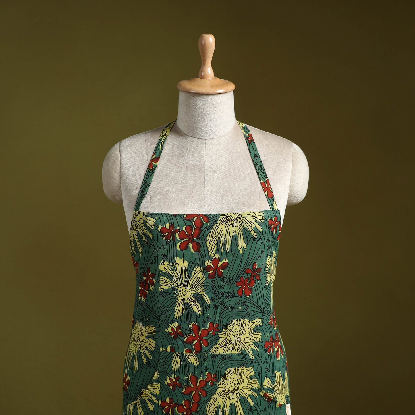 Green - sanganeri hand block print apron with pocket 02