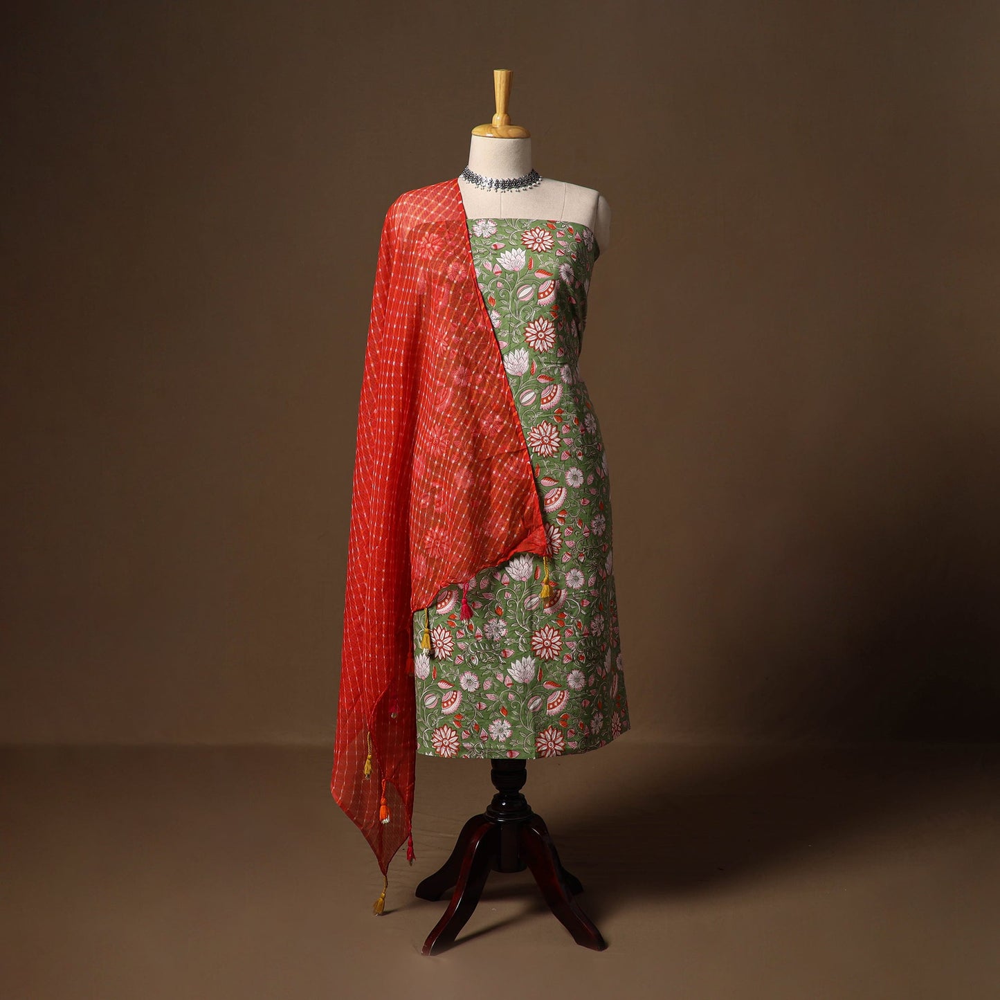 Green - sanganeri hand block print cotton 2pc unstitched