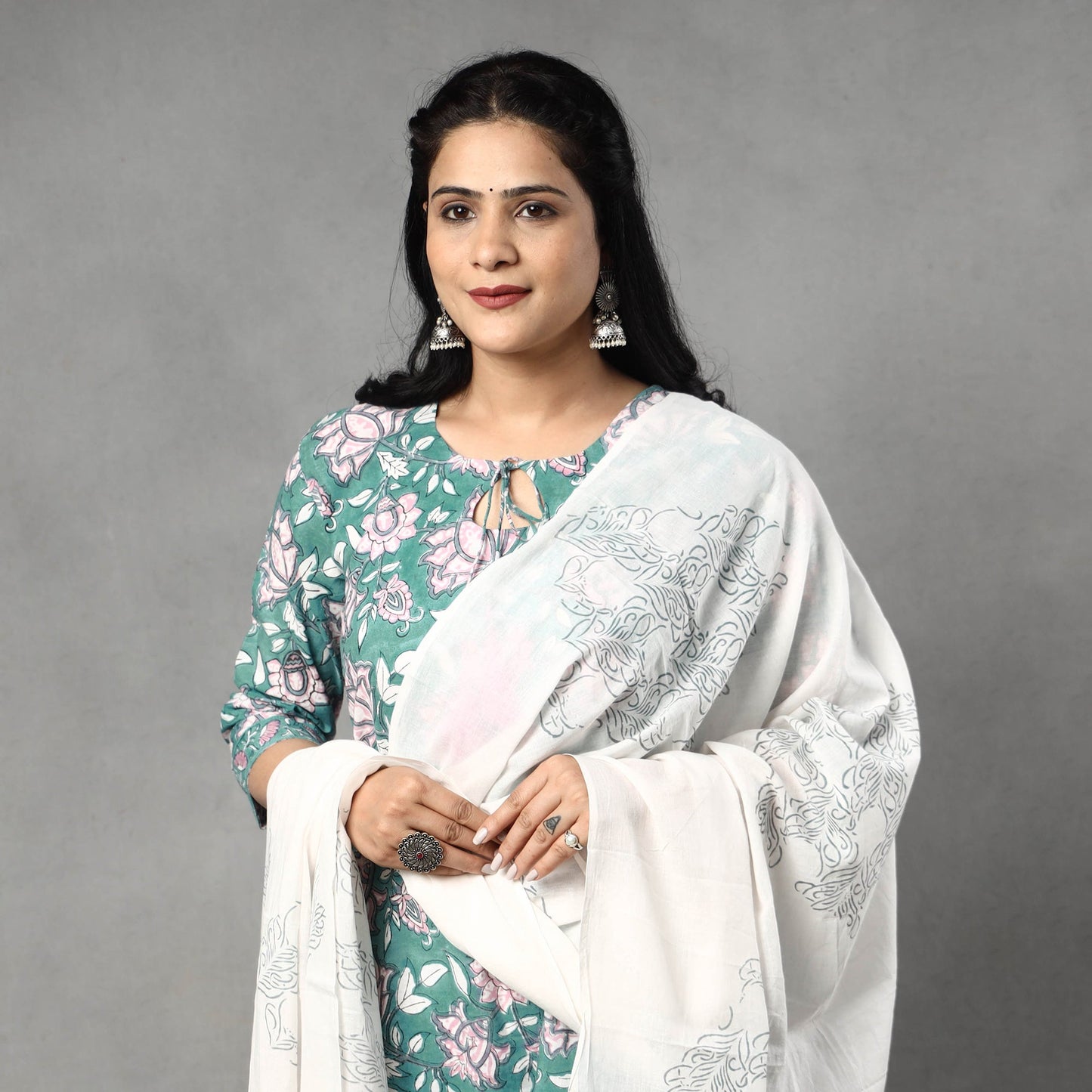 Sanganeri Block Printed Cotton Kurta with Palazzo & Dupatta Set