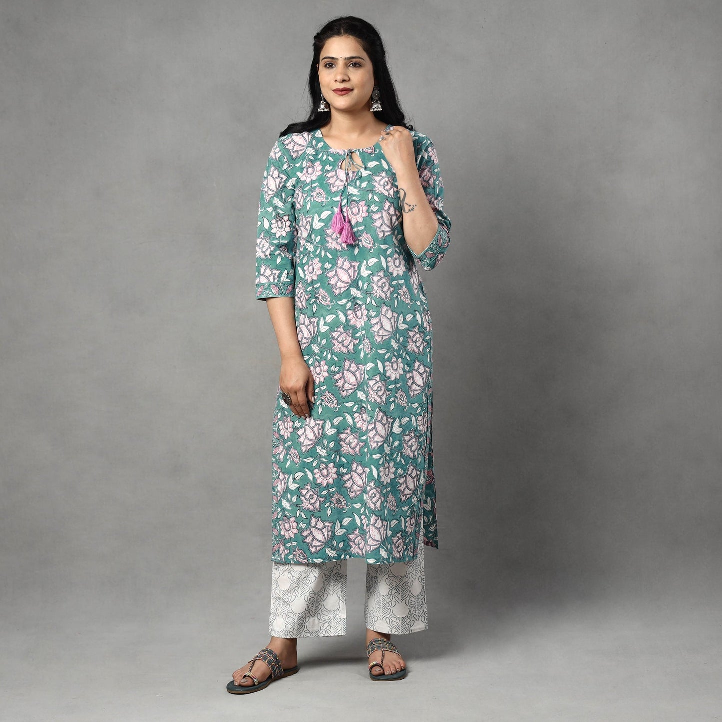 Sanganeri Block Printed Cotton Kurta with Palazzo & Dupatta Set