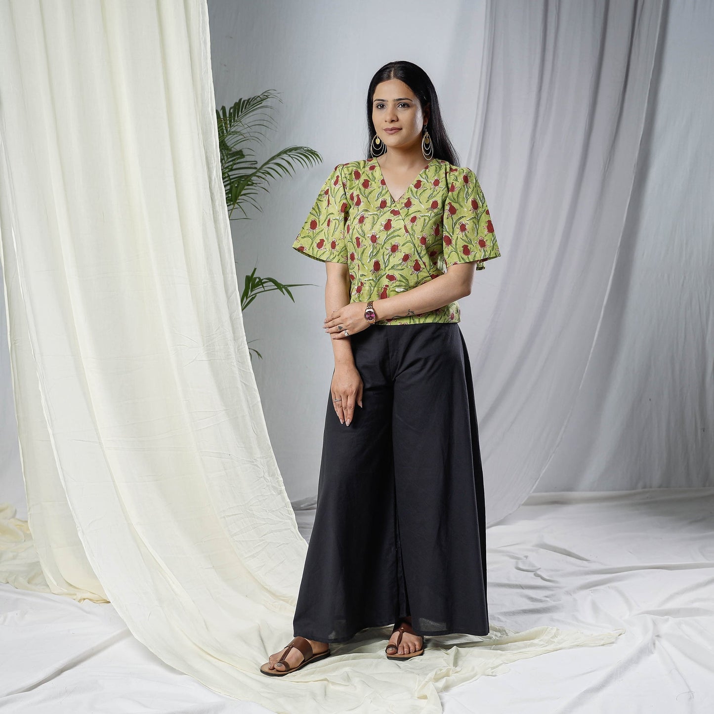 Green Sanganeri Hand Block Prints Half Sleeve Cotton Crop Top