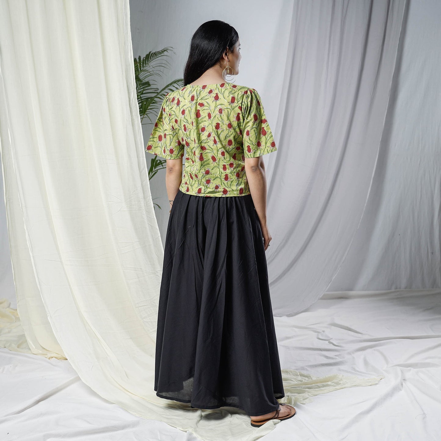 Green Sanganeri Hand Block Prints Half Sleeve Cotton Crop Top