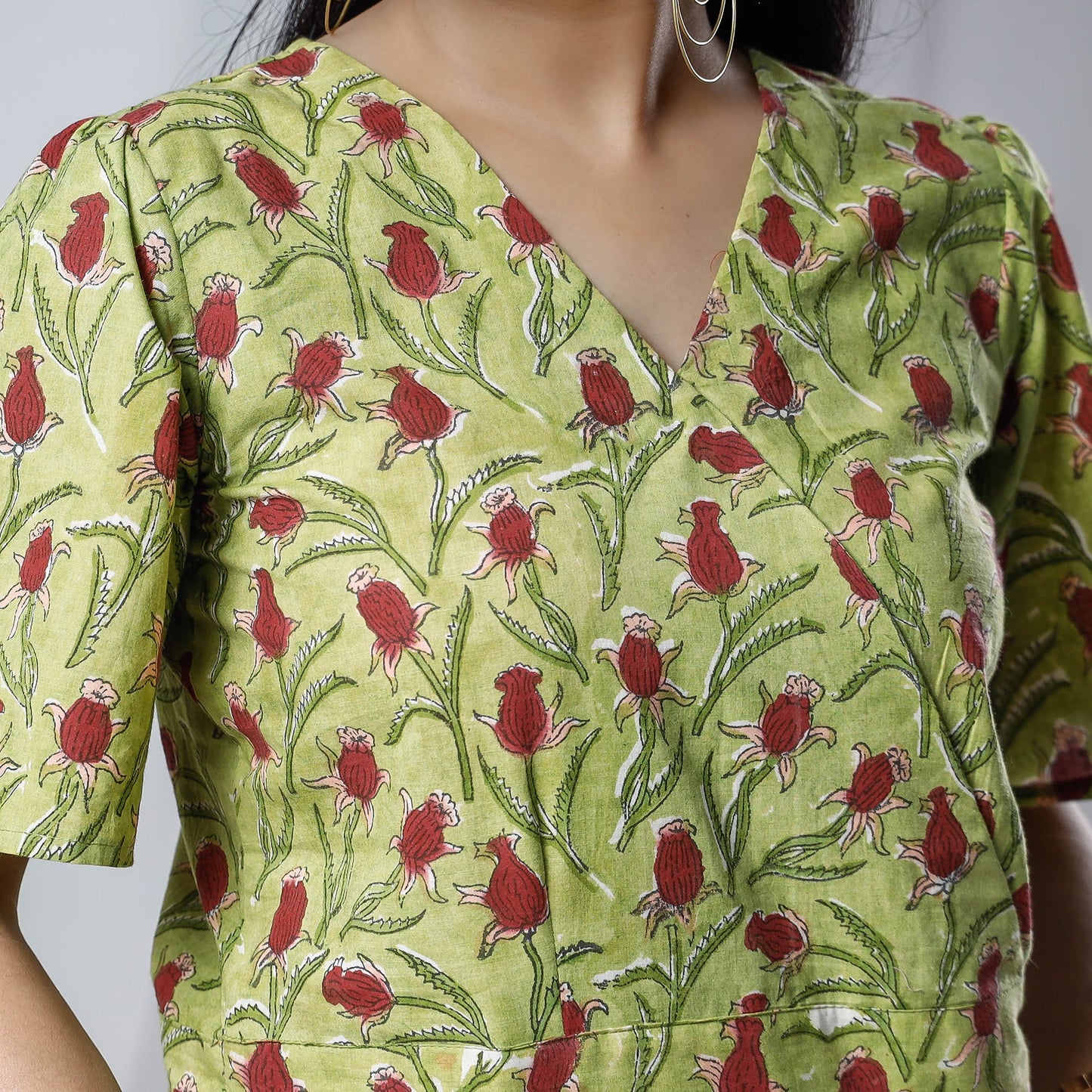 Green Sanganeri Hand Block Prints Half Sleeve Cotton Crop Top