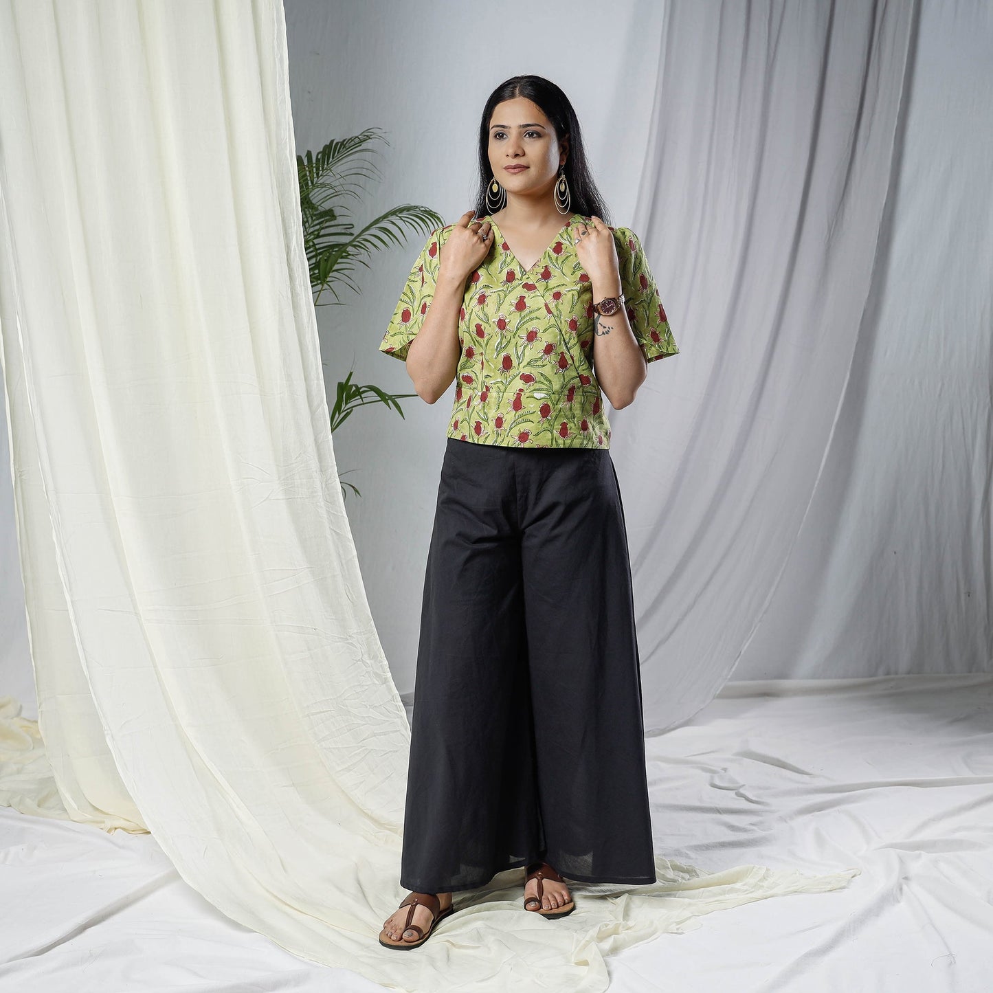 Green Sanganeri Hand Block Prints Half Sleeve Cotton Crop Top