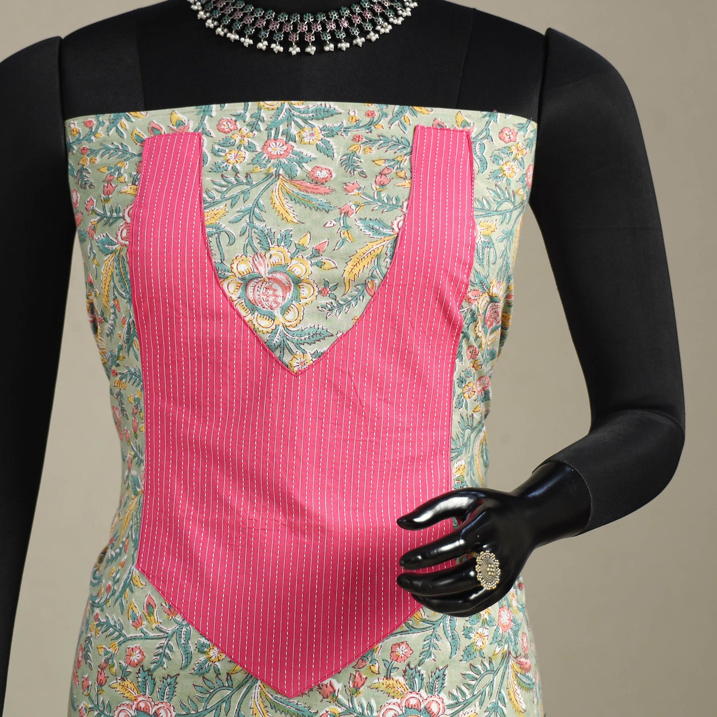 Green - sanganeri patchwork cotton unstitched kurta