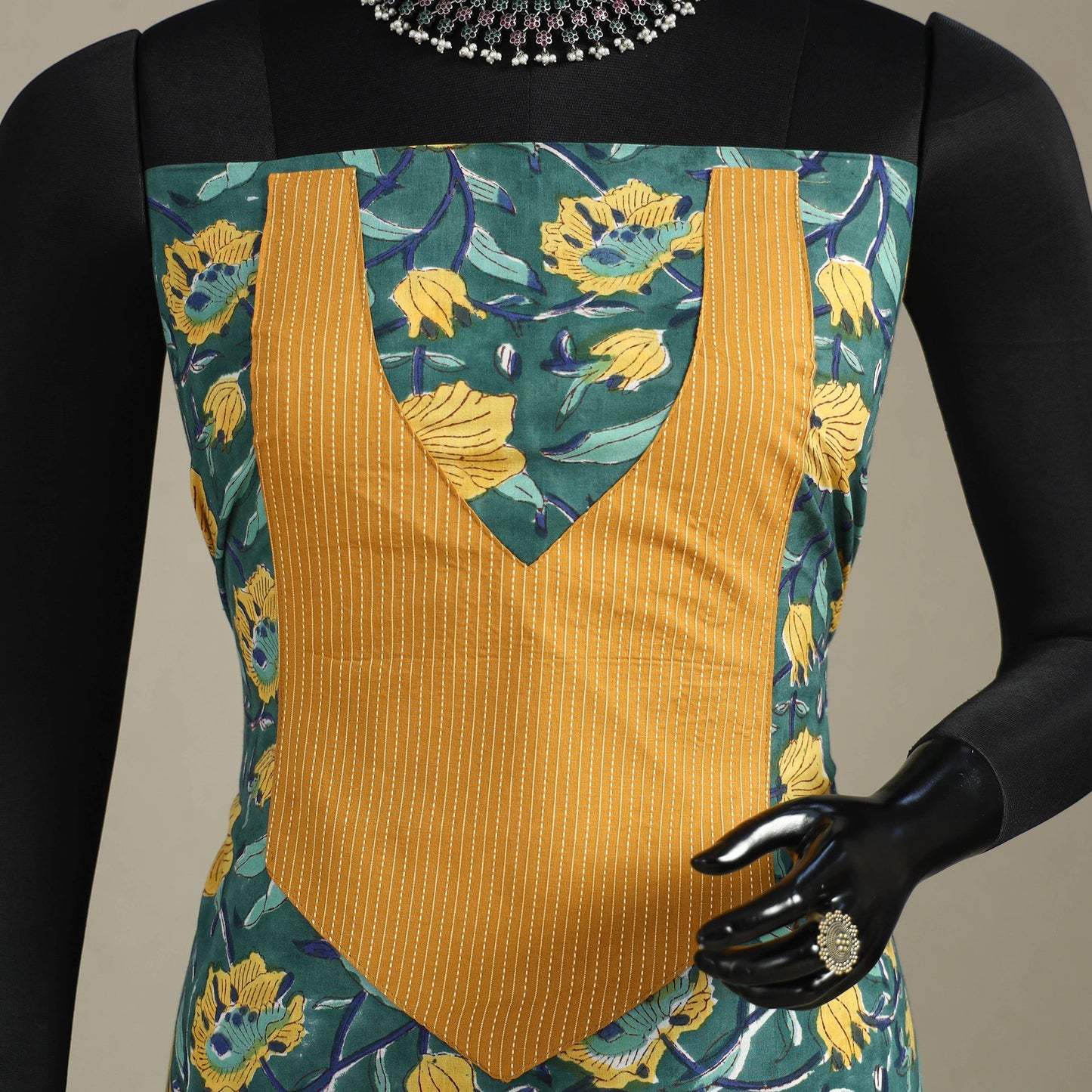 Green - sanganeri patchwork cotton unstitched kurta