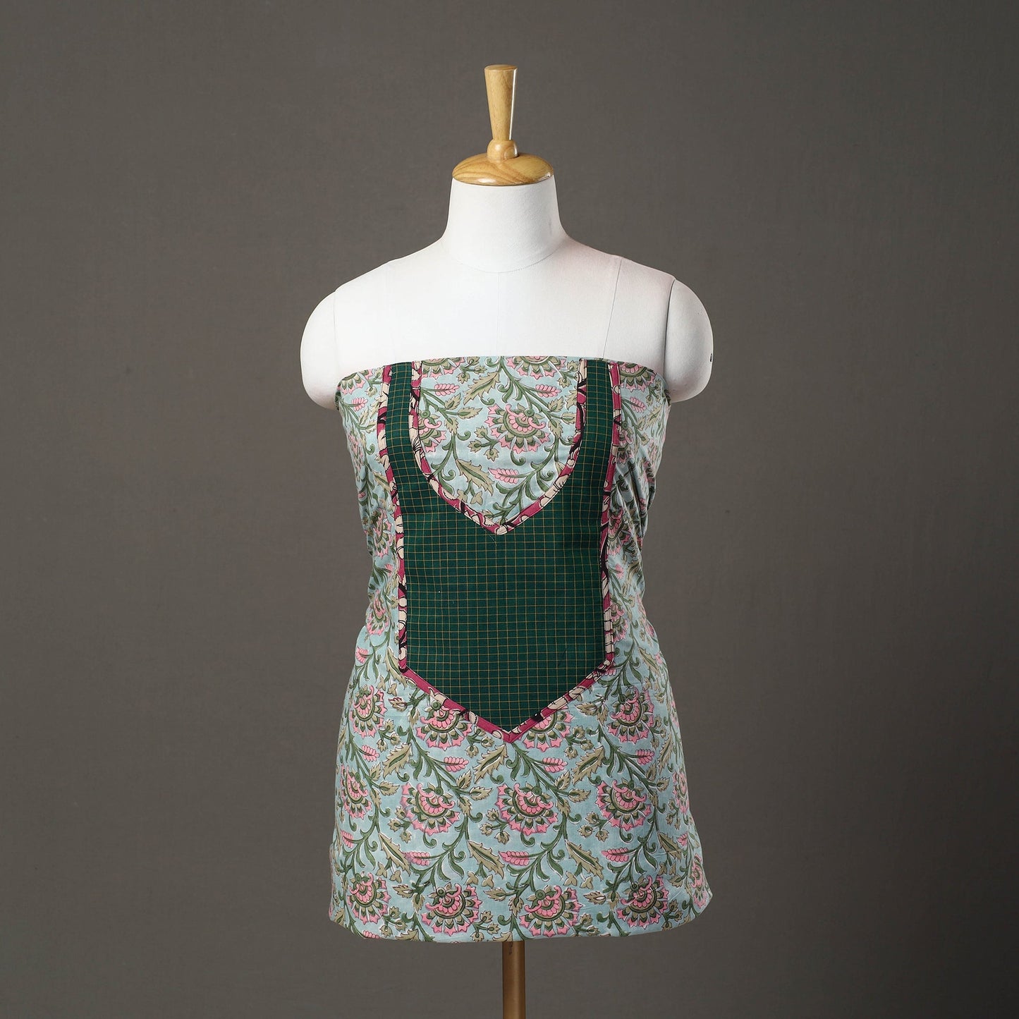 Green Sanganeri Block Print Patchwork Kurta Material