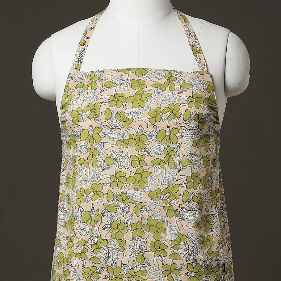 Beige Sanganeri Block Printed Cotton Apron with Pocket