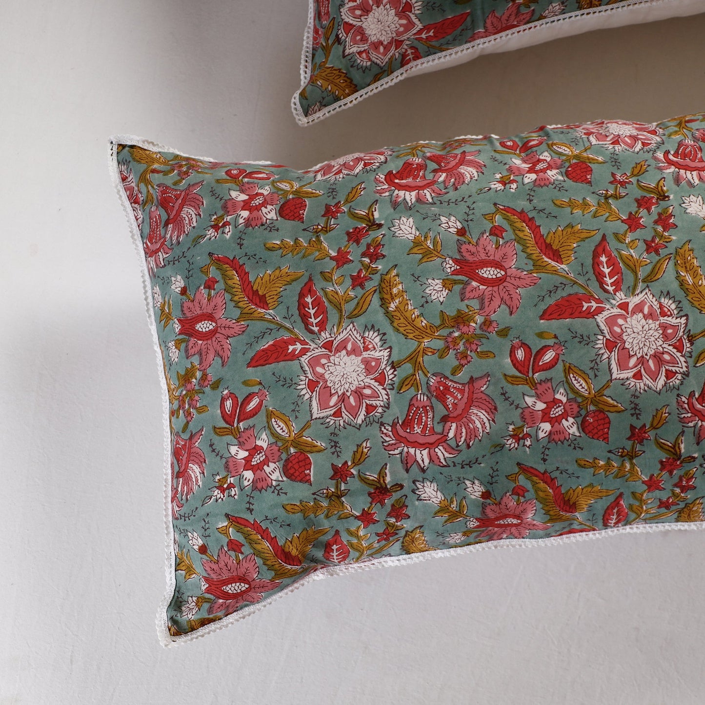 BuySanganeri Block Printed Cotton Pillow Cover With Lace (26 x 16 in) - Set of 2