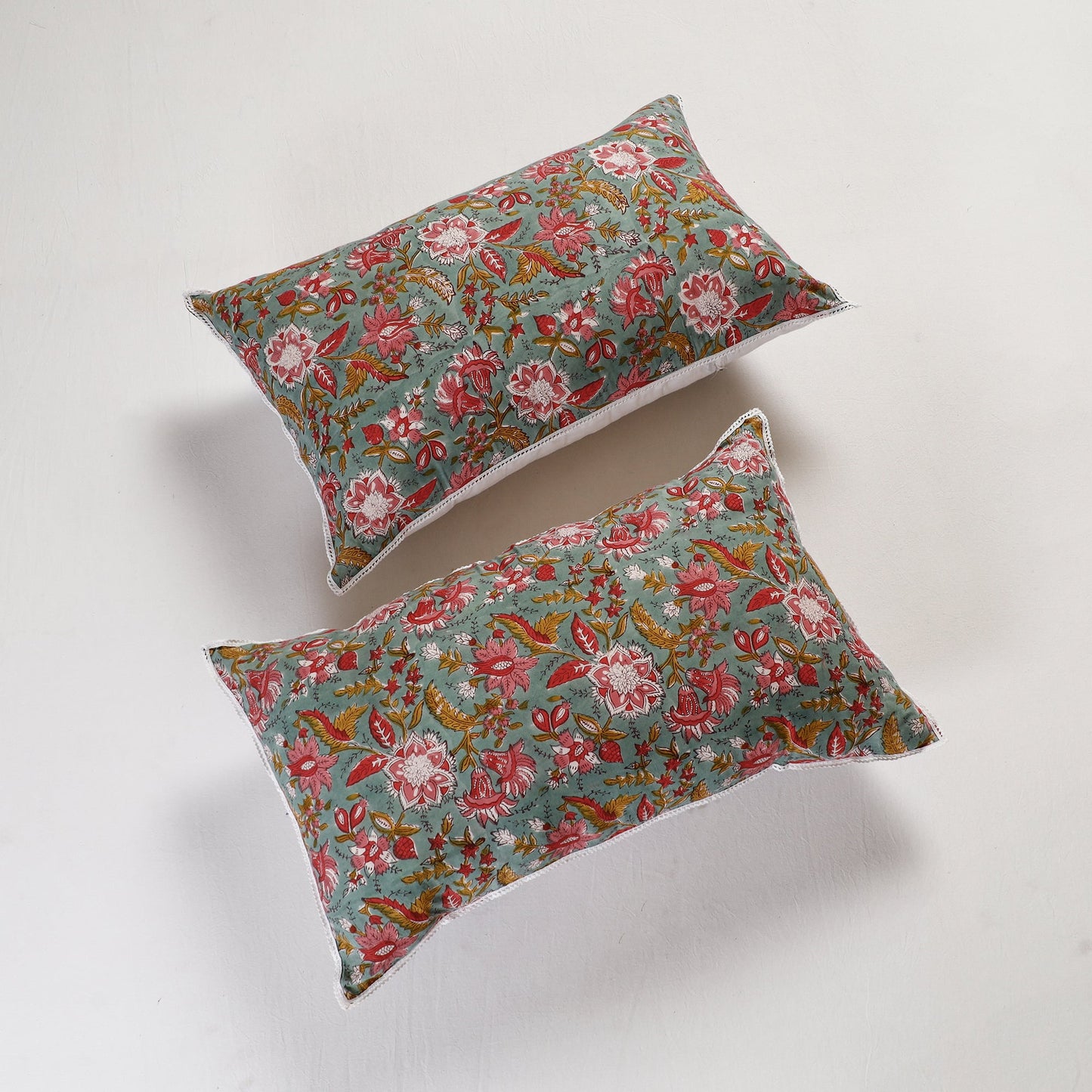 BuySanganeri Block Printed Cotton Pillow Cover With Lace (26 x 16 in) - Set of 2
