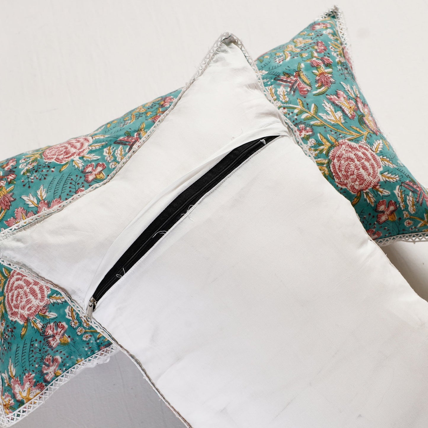 BuySanganeri Block Printed Cotton Pillow Cover With Lace (26 x 16 in) - Set of 2