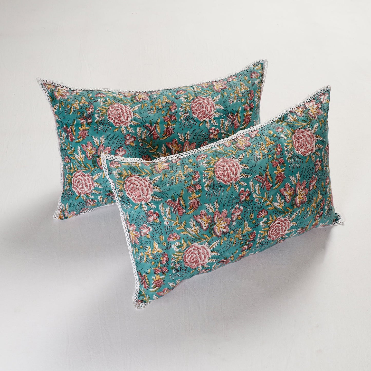 BuySanganeri Block Printed Cotton Pillow Cover With Lace (26 x 16 in) - Set of 2