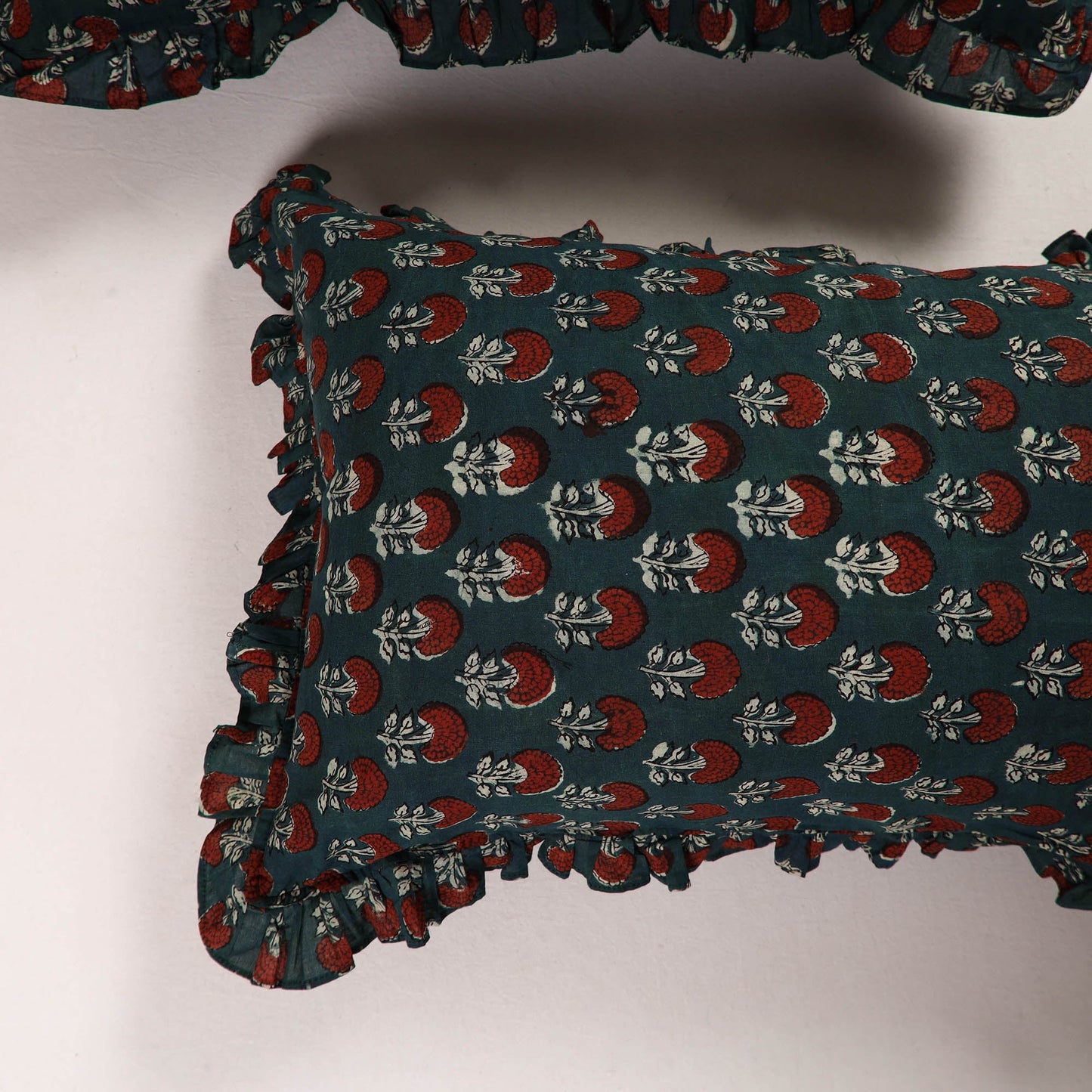 Green Set of 2 Bagru Block Print Cotton Frill Pillow Covers