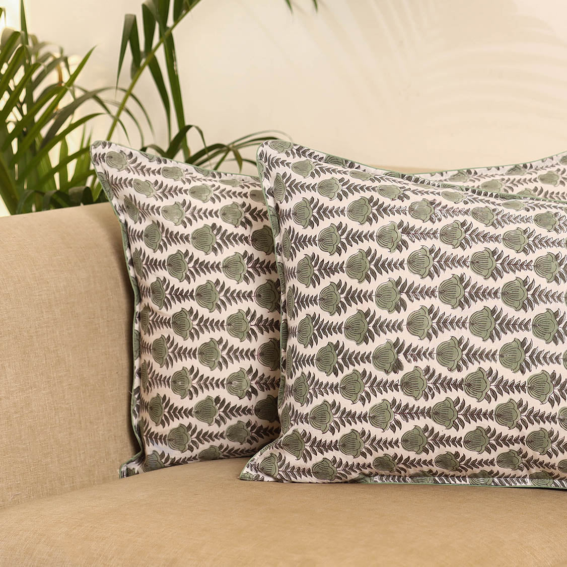 Green - set of 2 sanganeri pillow covers 04 - handcrafted