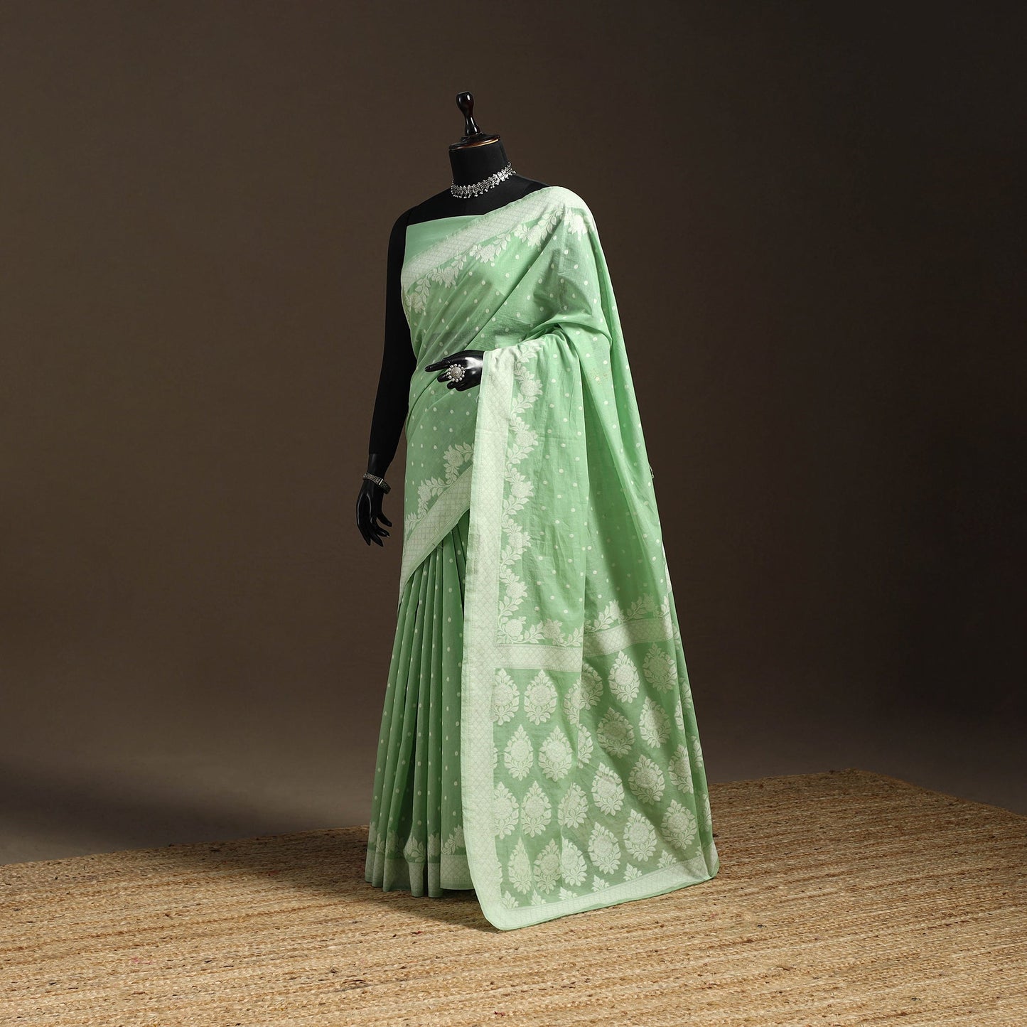 Green - silk cotton cutwork buti banarasi saree 55