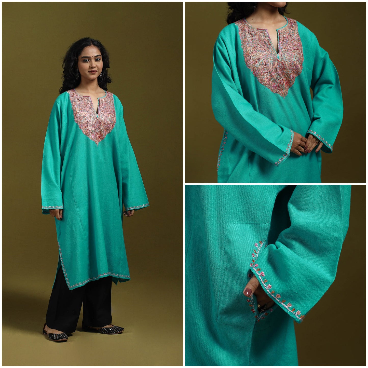 Sozni hand embroidered kashmiri merino wool pheran 03