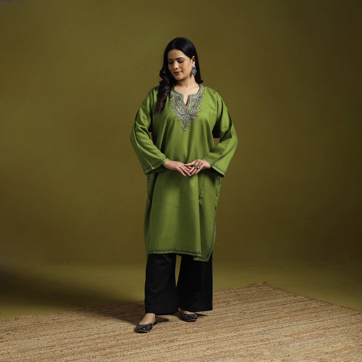 Green - sozni hand embroidery kashmiri cashmilon wool