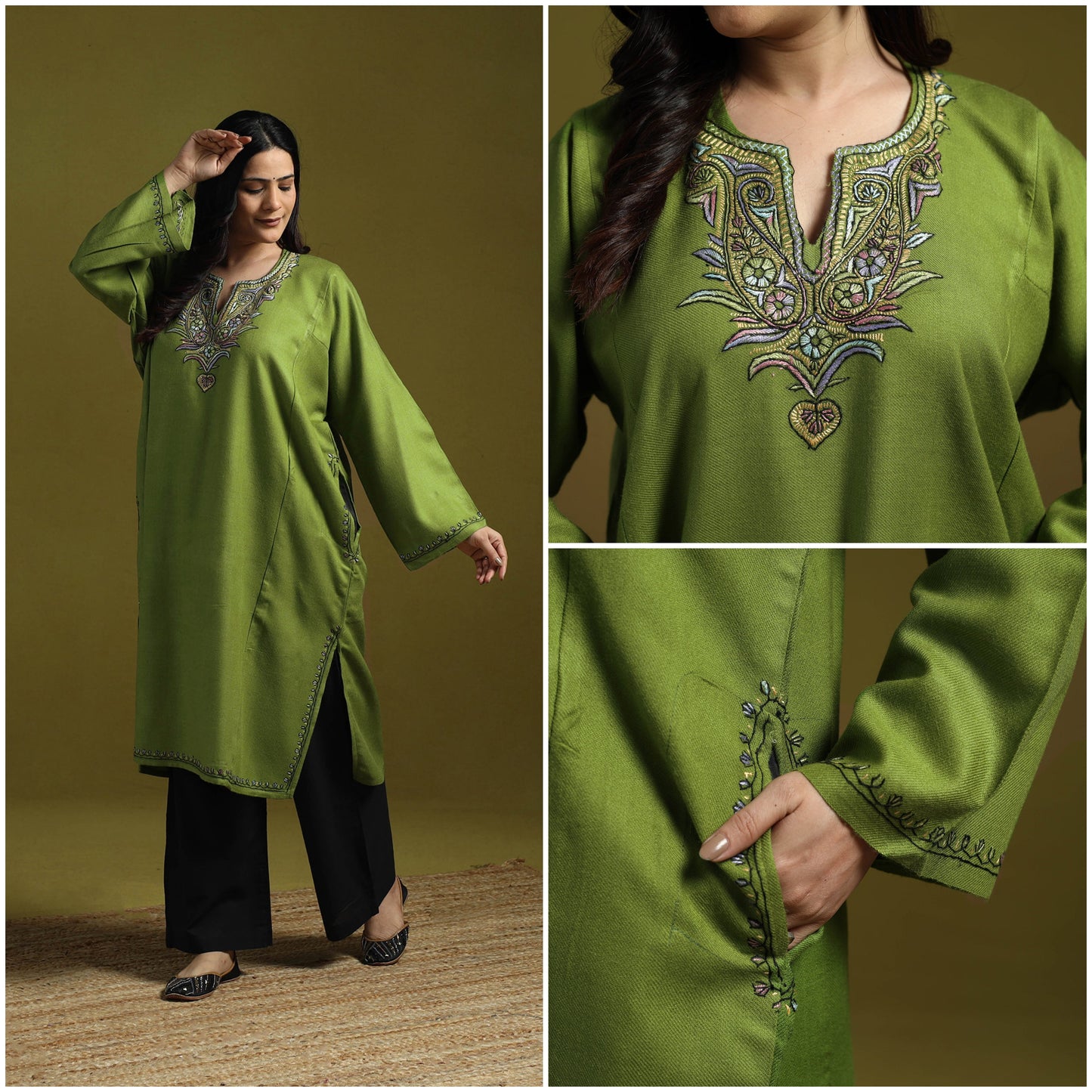 Green - sozni hand embroidery kashmiri cashmilon wool
