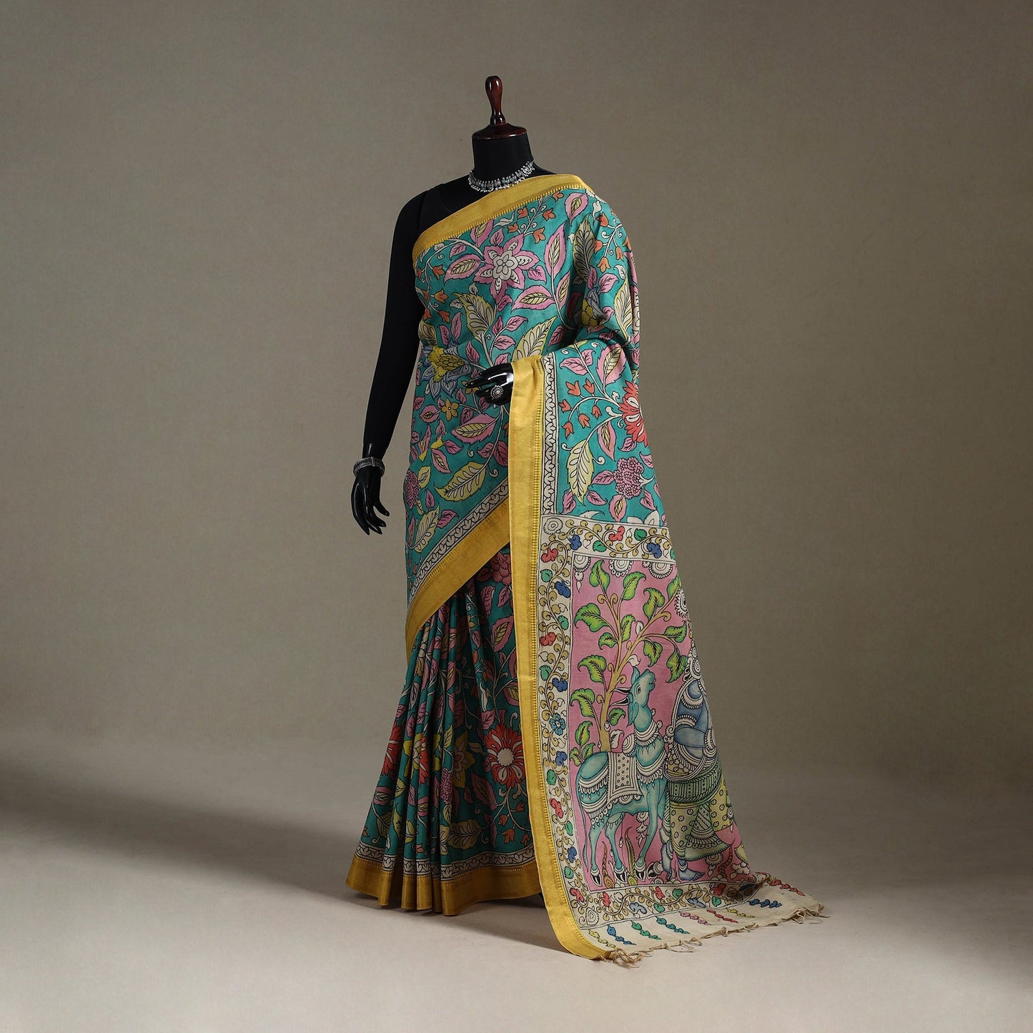 Srikalahasti handpainted natural dyed bangalore silk zari