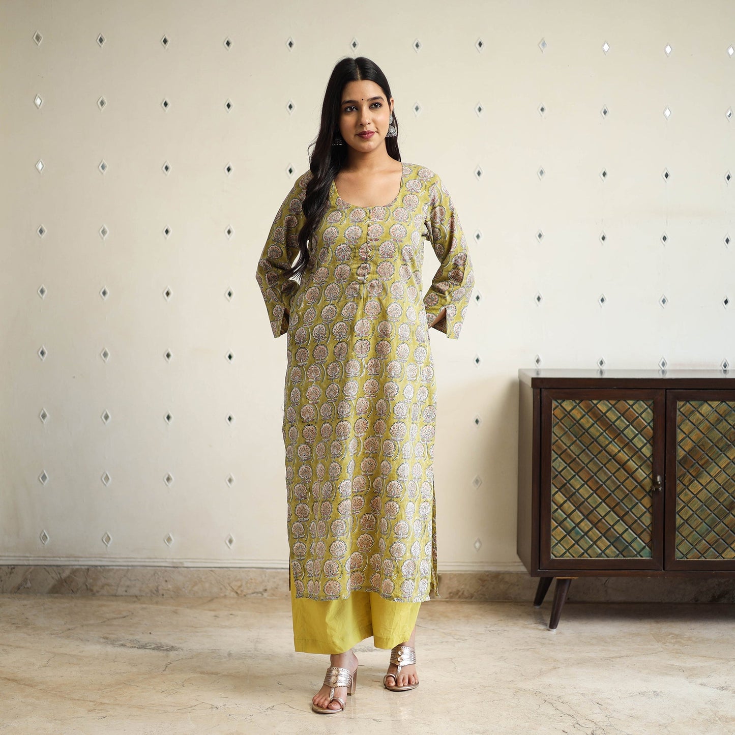 Green Straight Cotton Block Print Sanganeri Kurta
