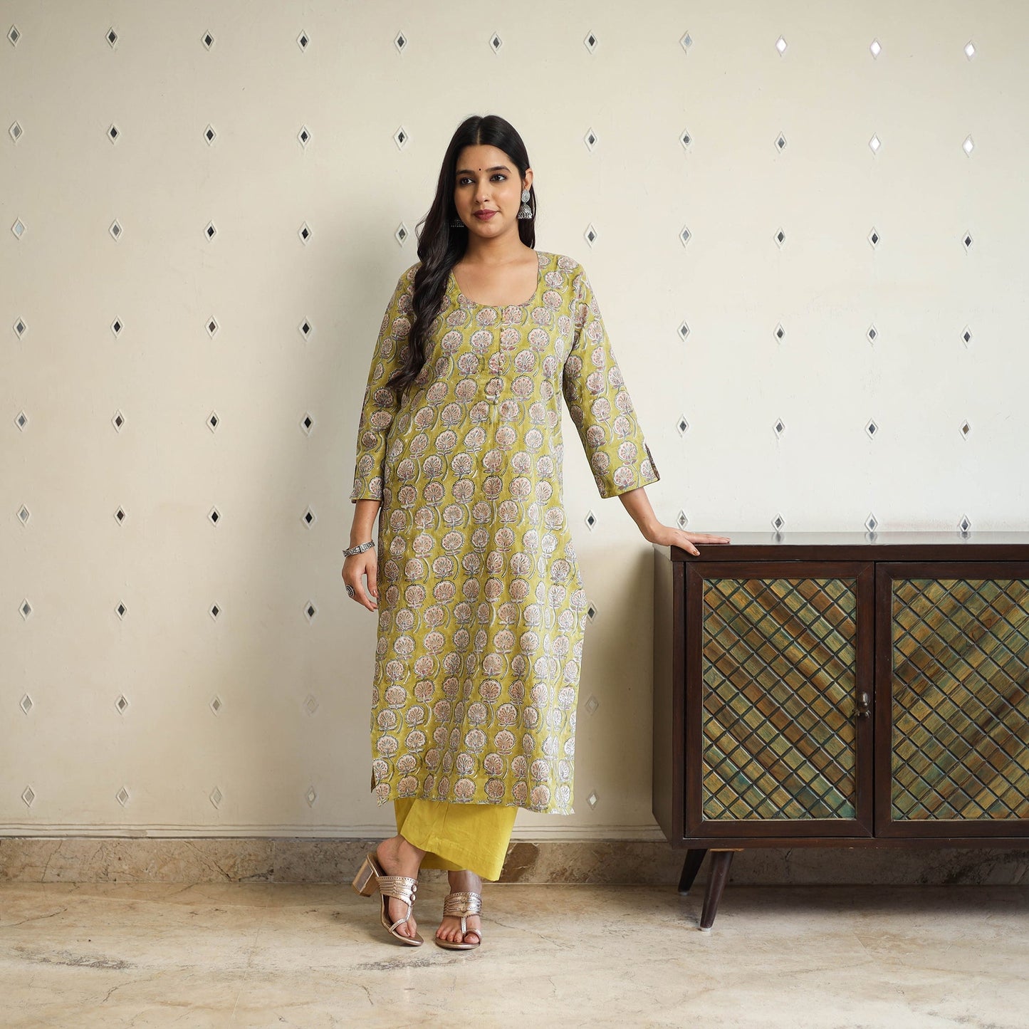 Green Straight Cotton Block Print Sanganeri Kurta