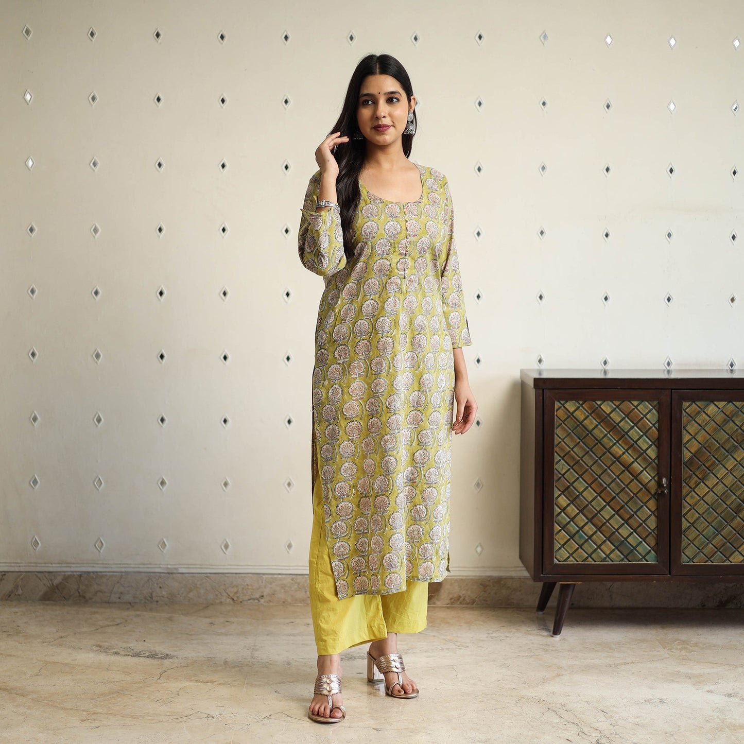 Green Straight Cotton Block Print Sanganeri Kurta