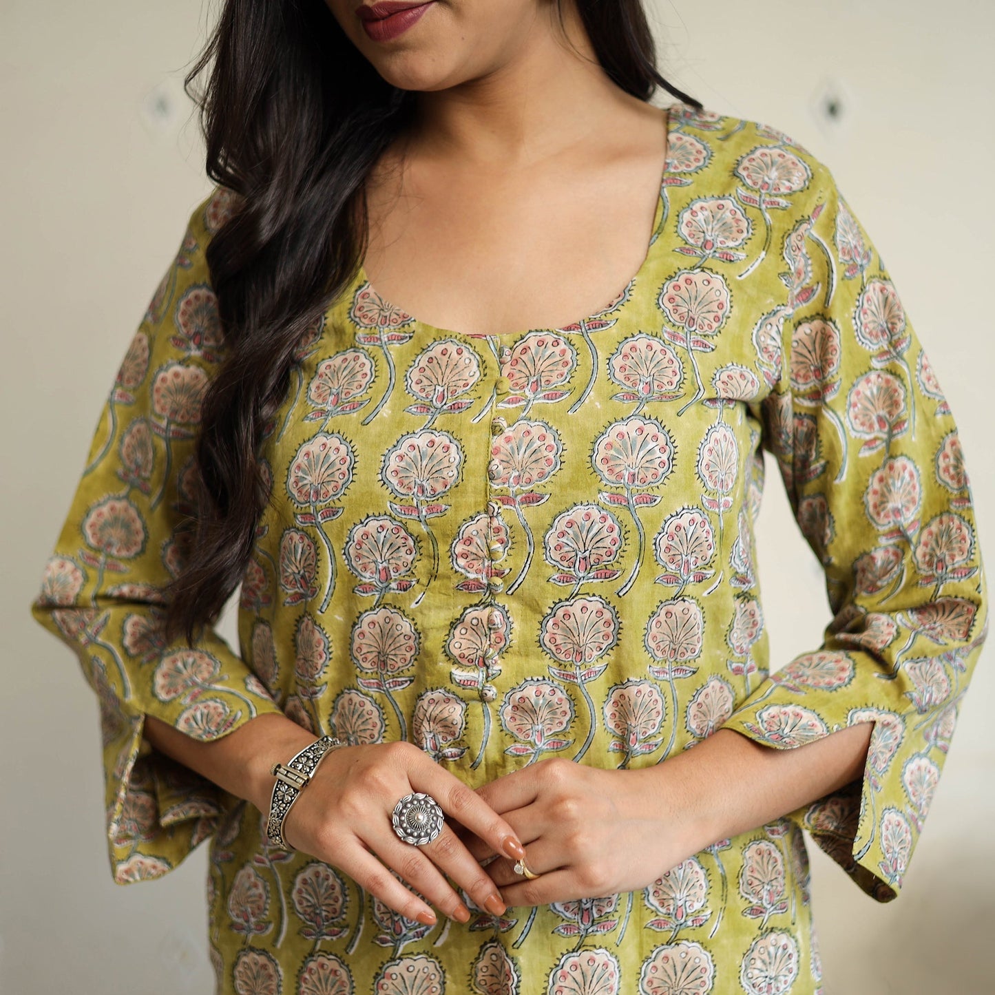 Green Straight Cotton Block Print Sanganeri Kurta