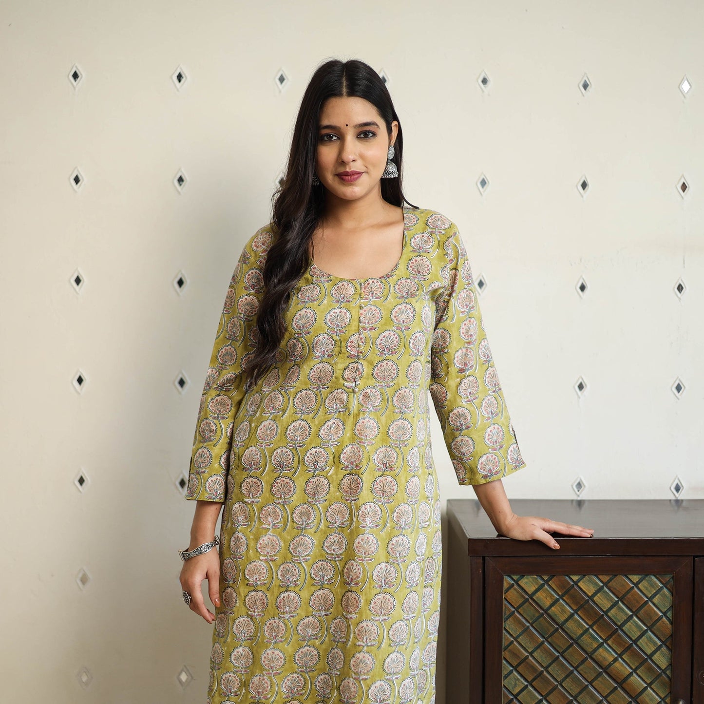 Green Straight Cotton Block Print Sanganeri Kurta
