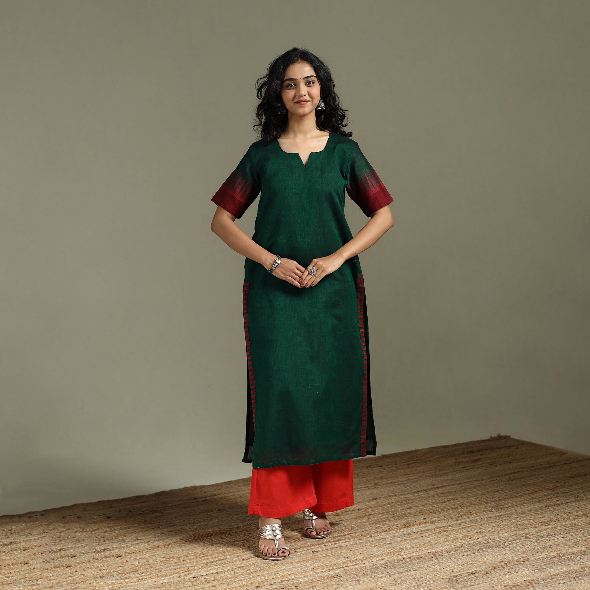 Green - Straight Cotton Dharwad Long Kurta for women 24