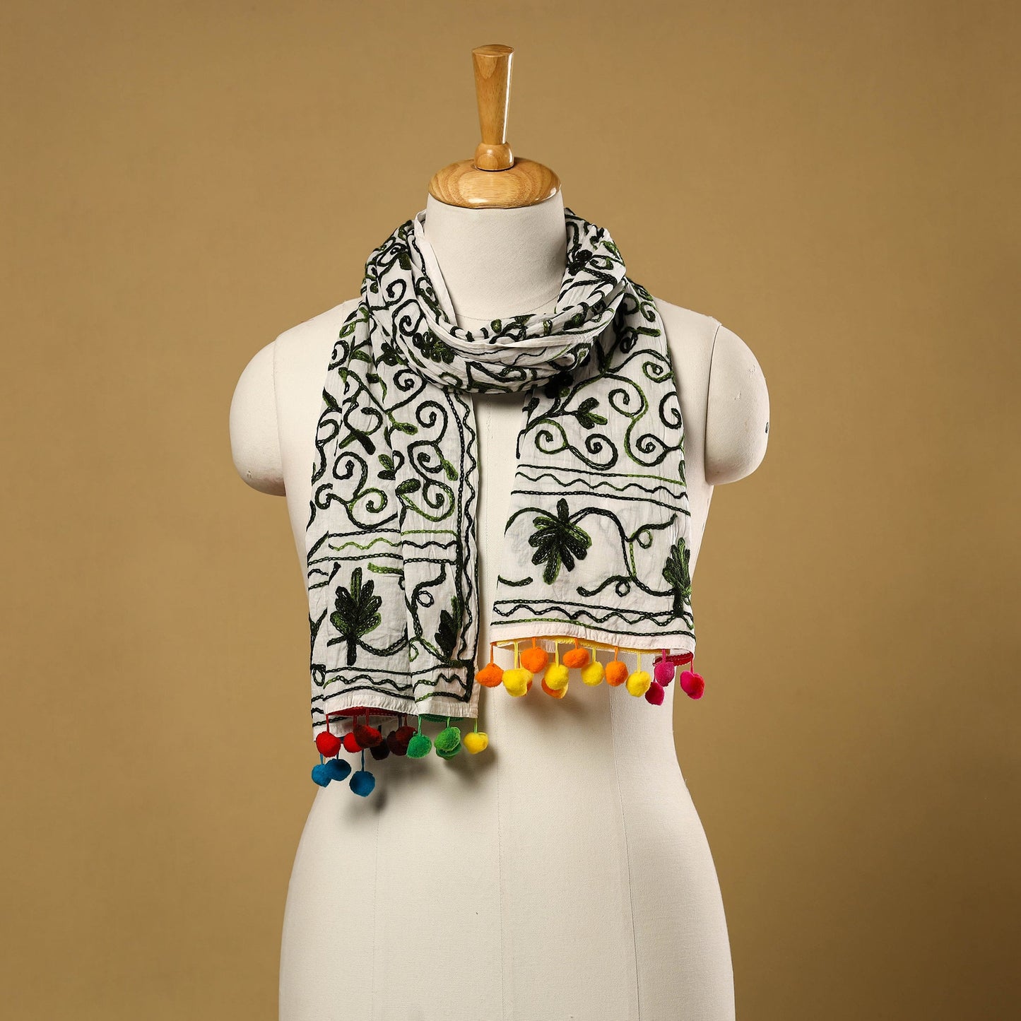 Suzani Embroidery Mul Cotton Stole with Pom Pom