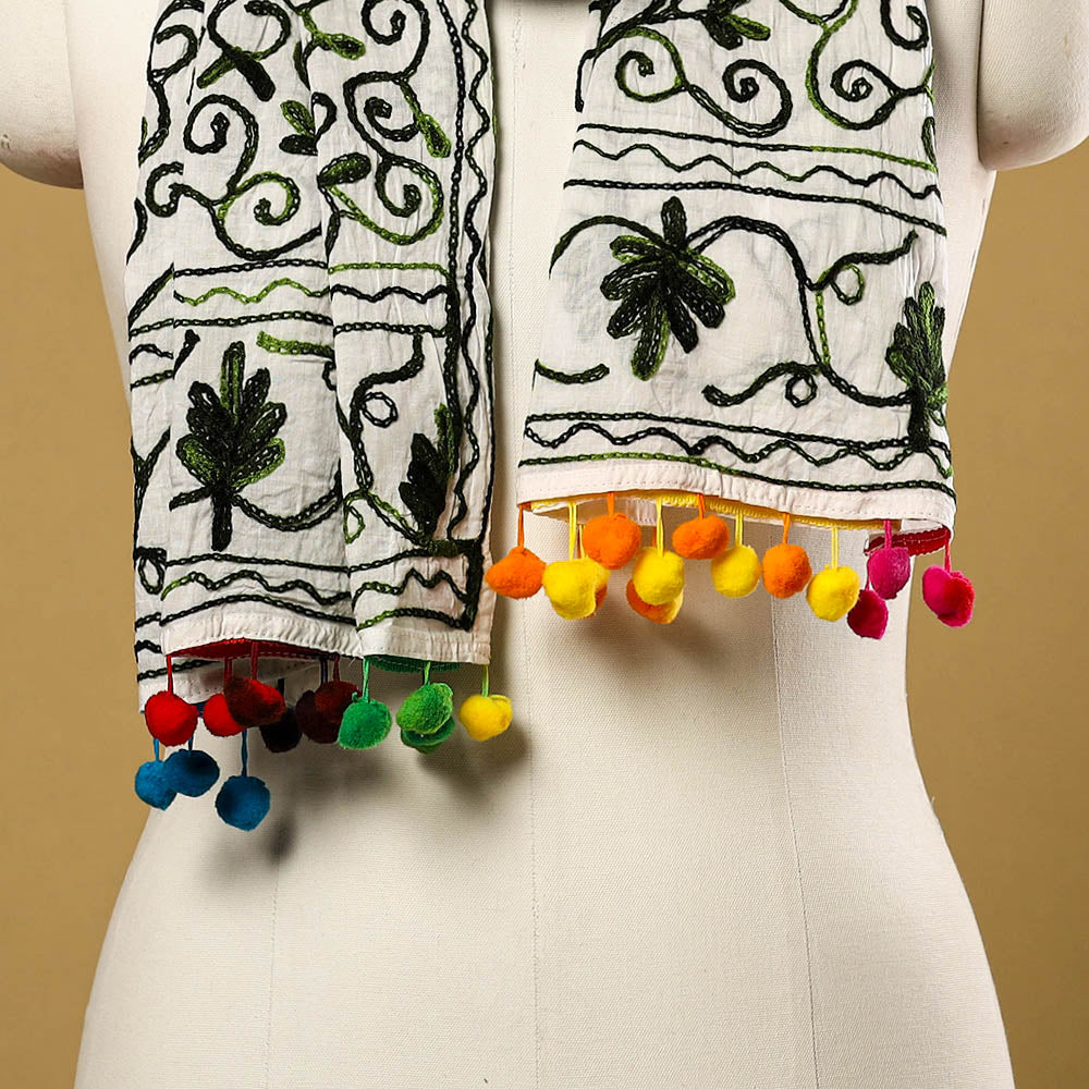 Suzani Embroidery Mul Cotton Stole with Pom Pom