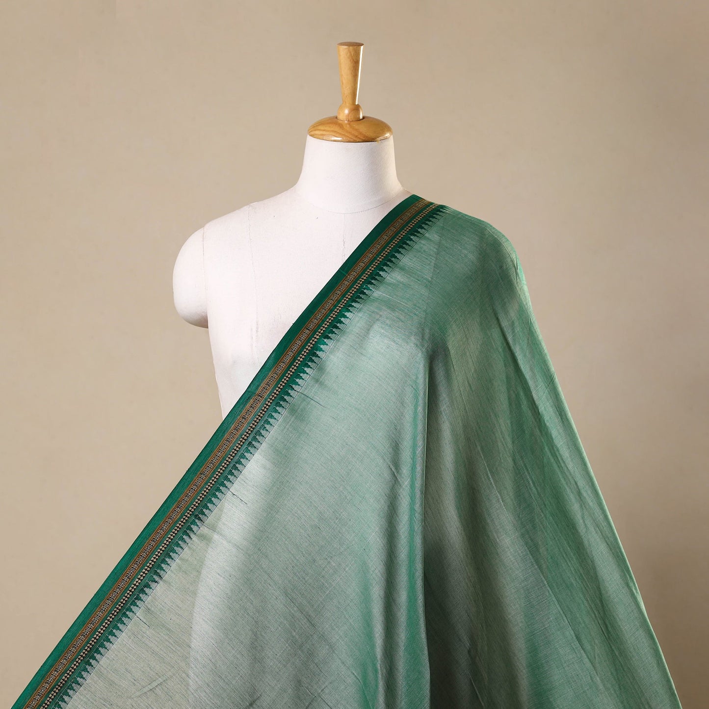 Green - thread border dharwad cotton fabric 17 - handcrafted