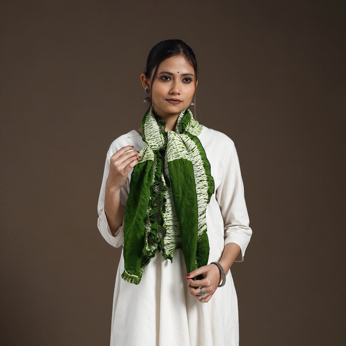 Green - tie & dye gajji silk shibori stole 10 - handcrafted